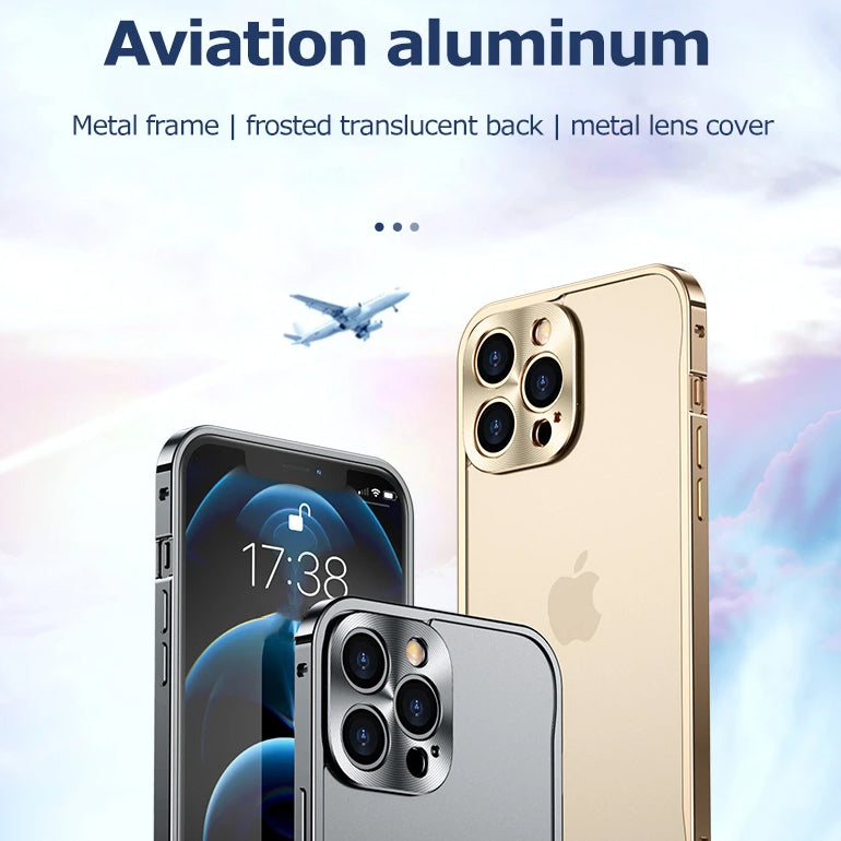 Luxury Metal Frame Lens Protection for iPhone 12 13 Mini Pro Max Aluminum  Phone Case for iPhone 11 Matte Translucent Back Cover,Gold,for iPhone 12 pro