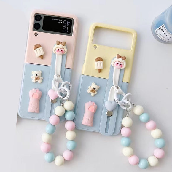 Cute Girl Kawaii Case With Wristband Bracket Holder and Beads Strap For Samsung Galaxy Z Flip 4