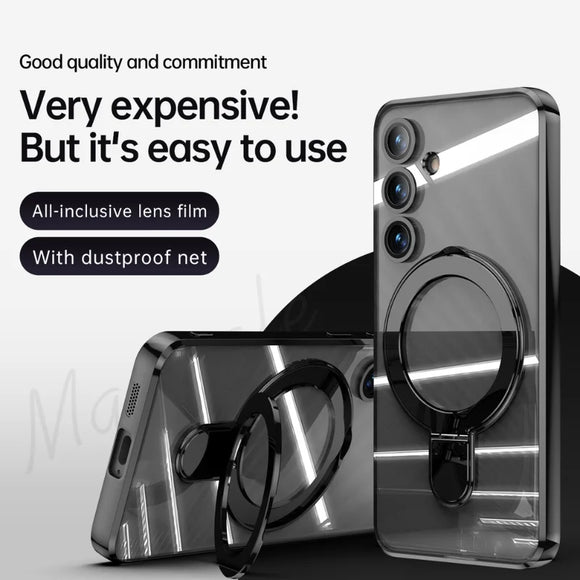 Plating Magnetic Transparent Case With Ring Stand For Samsung Galaxy S24 Ultra Plus