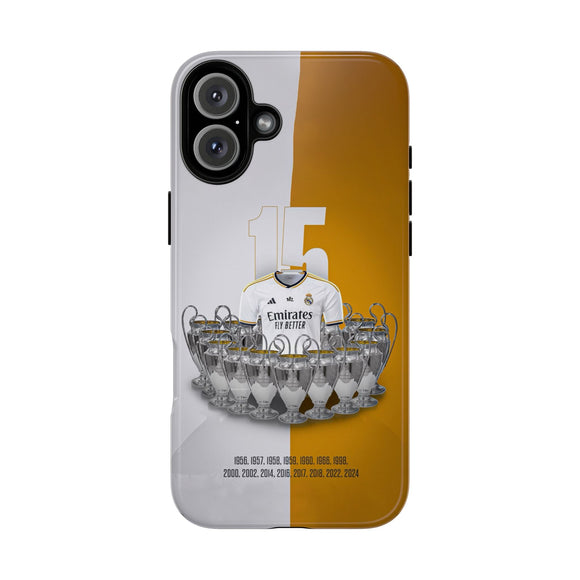 Real Madrid & 15 European Trophies Luxury Touch Phone Case for iPhone 16 15 14 13 Series