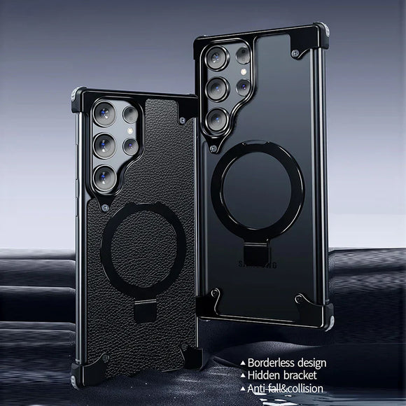 Luxury Leather Metal Corner Pad Ring Holder Phone Case For Samsung Galaxy S24 S23 Series