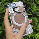 New 360° Rotating Ring Stand Magsafe Walnut Wood Metal Phone Case For iPhone 15 14 Series