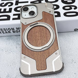 New 360° Rotating Ring Stand Magsafe Walnut Wood Metal Phone Case For iPhone 15 14 Series