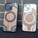 New 360° Rotating Ring Stand Magsafe Walnut Wood Metal Phone Case For iPhone 15 14 Series