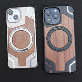 New 360° Rotating Ring Stand Magsafe Walnut Wood Metal Phone Case For iPhone 15 14 Series