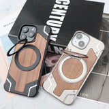 New 360° Rotating Ring Stand Magsafe Walnut Wood Metal Phone Case For iPhone 15 14 Series