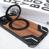 New 360° Rotating Ring Stand Magsafe Walnut Wood Metal Phone Case For iPhone 15 14 Series