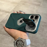 Fashion Logo Hole Magnetic Lens Protection Flip Bracket Case for iPhone 16 15 14 13 Series