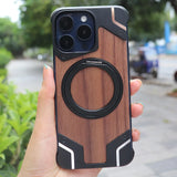 New 360° Rotating Ring Stand Magsafe Walnut Wood Metal Phone Case For iPhone 15 14 Series