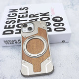 New 360° Rotating Ring Stand Magsafe Walnut Wood Metal Phone Case For iPhone 15 14 Series