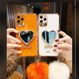 Plating Love Heart Mirror Fur Ball Glitter Case for iPhone 13 12 11 Pro Max