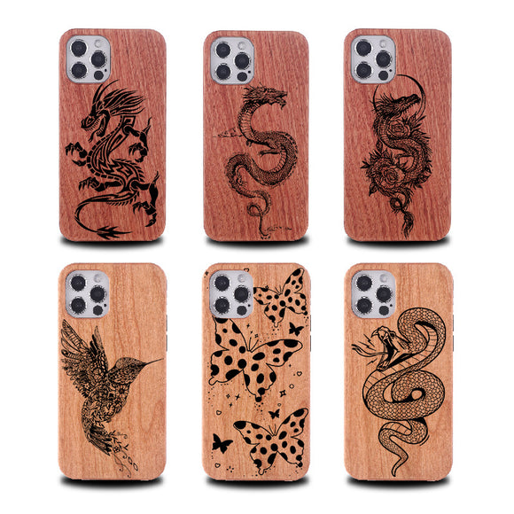 Engraved Dragon Solid Wooden Case for iPhone 13 12 11 Pro Max