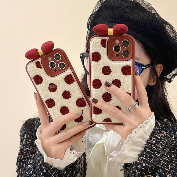 Cute Bowknot Fuzzy Plush Wave Point Phone Case For iPhone 13 12 11 Series