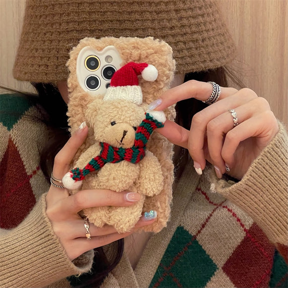 Cartoon Christmas Lovely Bear Plush Case For iPhone 13 12 11 Series