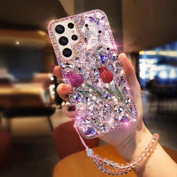 3D Butterfly Bling Rose Diamond Chain Case For Samsung S23 S22 S21 series
