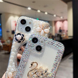 3D Camellia Swan Bling Diamond Case For iPhone 14 13 12 series