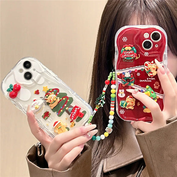 3D Christmas Cartoon Elk Bear Tree Snowman Candy Phone Case With Bracelet For iPhone 15 14 13 12 Series