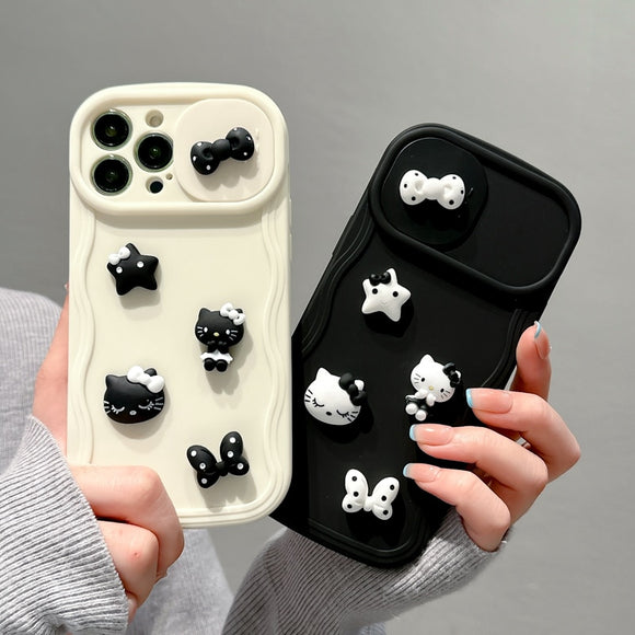 3D Hello Kitty Black Bow Sliding Lens Protection Cases For iPhone 14 13 12 series