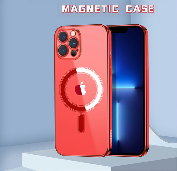 Transparent Magnetic Wireless Electroplating Frame Fine Hole Silicone Phone Case For iPhone 13 12 11 Mini Pro Max