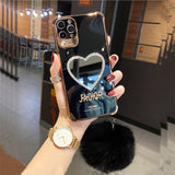 Plating Love Heart Mirror Fur Ball Glitter Case for iPhone 13 12 11 Pro Max