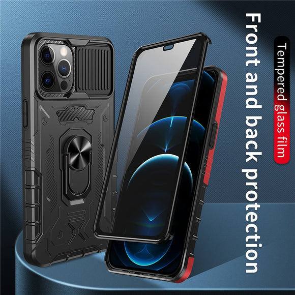 Double Sided Buckle Shockproof Armor Kickstand Holder Case with Tempered Glass Cover for iPhone 13 12 11 Pro Max