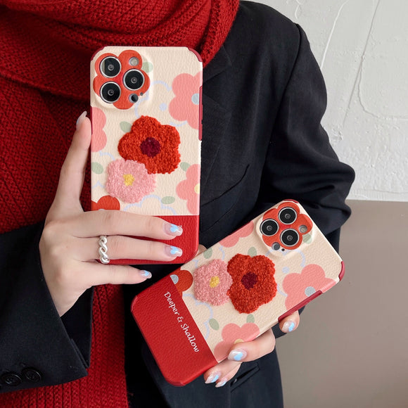 Korean Cute Plush Flower Leather Case for iPhone 13 12 11 Pro Max