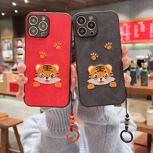 3D Embroidered Cute Tiger Phone Case with Anti lost Tassel Lanyad For iPhone 13 12 11 Series