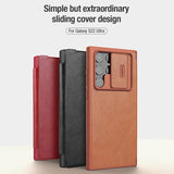 Leather Flip Cover Slide Camera Lens Protection Case For Samsung S22 Ultra S22 Plus