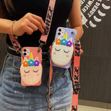 Cartoon Silicone Cat Unicorn Flower Case with Strap For iPhone 12 11 Series