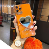 Plating Love Heart Mirror Fur Ball Glitter Case for iPhone 13 12 11 Pro Max