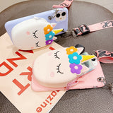 Cartoon Silicone Cat Unicorn Flower Case with Strap For iPhone 12 11 Series