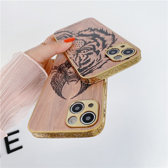 3D Relief Plating Frame Classic Wood Grain Case for iPhone 13 12 11 Series