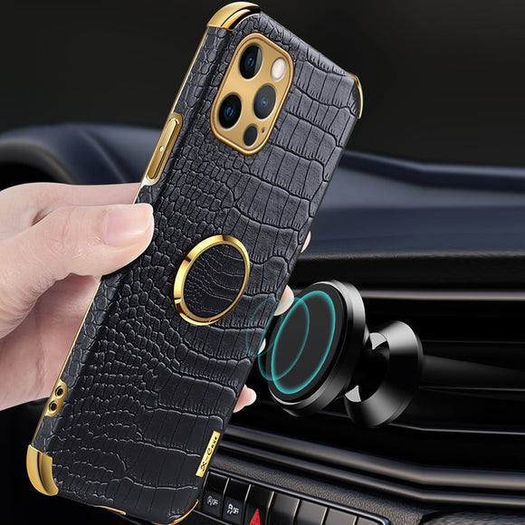 Genuine Leather Magnetic Car Holder Case For iPhone 12 11 Series