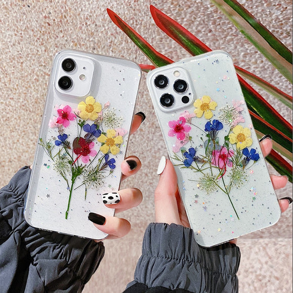 Real Color Flower Clear Glitter Soft Silicone Case For iPhone 13 12 11 Series