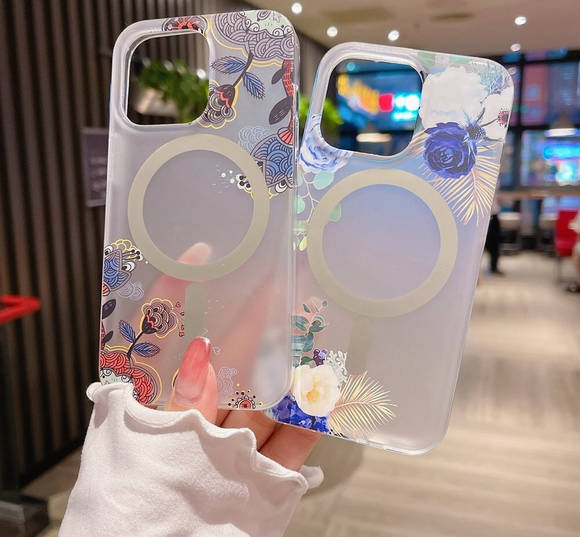 Magnetic Charging Magsafe Frosted Transparent Flower Case for iPhone 14 13 12 series