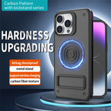 Carbon Fiber Texture Magnetic Invisible Bracket Magsafe Shockproof Armor Case for iPhone 15 14 Series