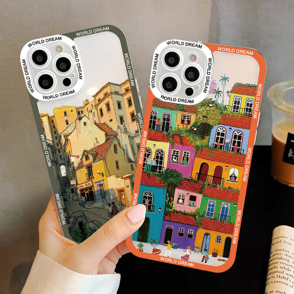 Cartoon Colourful Anime Hand Painted House Scenery Clear Case For iPhone 14 13 12 series