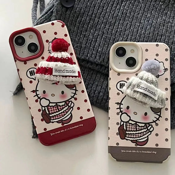 Cartoon Cute Kitty With Wool Hat Winter Beanie Case For iPhone 15 14 13 12 series