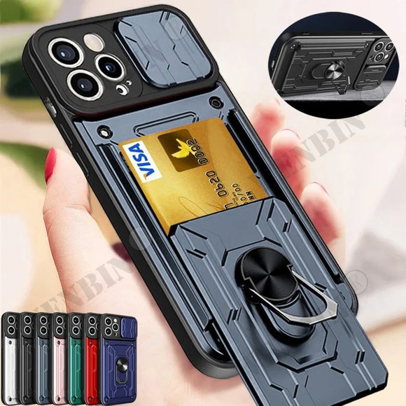 Slide Stand Ring 360 Magnetic Camera Military Grade Card Slot Case For iPhone 15 series