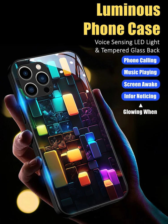 Colorful Cube LED Light Glowing Luminous Tempered Glass Case for iPhone 15 14 13 12 series