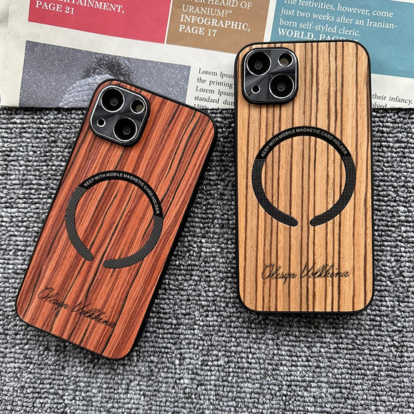 Custom Name Wood Grain Magnetic Magsafe Wireless Charge Shockproof Lens Case For iPhone 14 13 12 series