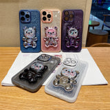 Cute 3D Bear Colored Bead Glitter Stand Holder Soft Case For iPhone 14 13 12 series