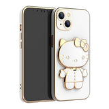 Solid Color Cute Hello Cat KickStand With Mirror Inside Case For iPhone 14 13 12 series