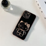 Solid Color Cute Hello Cat KickStand With Mirror Inside Case For iPhone 14 13 12 series