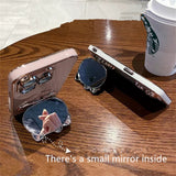 Solid Color Cute Hello Cat KickStand With Mirror Inside Case For iPhone 14 13 12 series