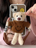 Cute Plush 3D Bear 2-in-1 Removable Silicone Case With Lanyard Strap Crossbody For iPhone 14 13 12 series