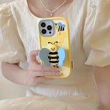 Cute Cartoon 3D Bee With Bracket Function Silicone Soft Case for iPhone 14 13 12 series