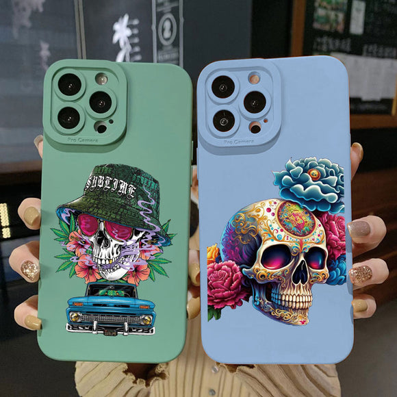 Skeleton Skull Flowers Pattern Soft Silicone Case For iPhone 14 13 12 series