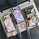 Fashion Glitter Diamond Square Lanyard Geometric Splicing Case for iPhone 14 13 12 series