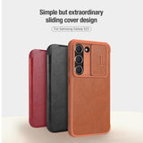 Flip Leather Card Slot Case with Slide Camera Cover For Samsung S23 Ultra Plus